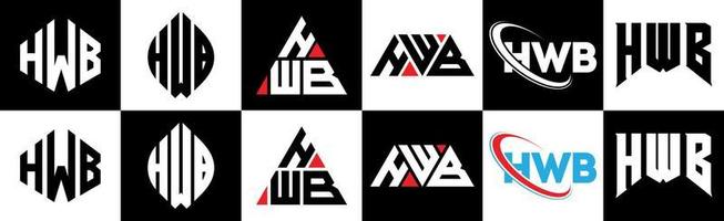 hwb-Buchstaben-Logo-Design in sechs Stilen. hwb Polygon, Kreis, Dreieck, Sechseck, flacher und einfacher Stil mit schwarz-weißem Buchstabenlogo in einer Zeichenfläche. hwb minimalistisches und klassisches Logo vektor