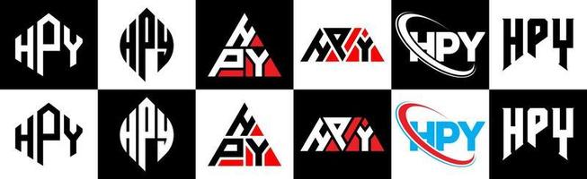 hpy-Buchstaben-Logo-Design in sechs Stilen. hpy polygon, kreis, dreieck, sechseck, flacher und einfacher stil mit schwarz-weißem buchstabenlogo in einer zeichenfläche. Hpy minimalistisches und klassisches Logo vektor