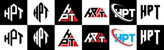 hpt-Buchstaben-Logo-Design in sechs Stilen. hpt polygon, kreis, dreieck, sechseck, flacher und einfacher stil mit schwarz-weißem buchstabenlogo in einer zeichenfläche. hpt minimalistisches und klassisches Logo vektor
