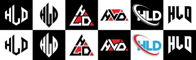 HLD-Buchstaben-Logo-Design in sechs Stilen. hld polygon, kreis, dreieck, hexagon, flacher und einfacher stil mit schwarz-weißem farbvariationsbuchstabenlogo in einer zeichenfläche. hld minimalistisches und klassisches logo vektor