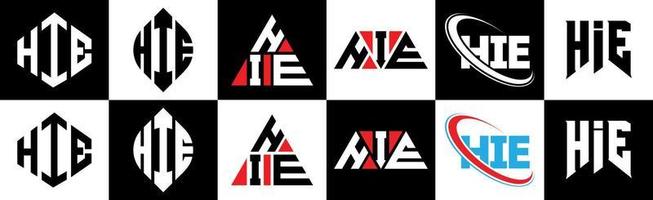 Hie-Buchstaben-Logo-Design in sechs Stilen. Dieses Polygon, Kreis, Dreieck, Sechseck, flacher und einfacher Stil mit schwarz-weißem Buchstabenlogo in einer Zeichenfläche. Hie minimalistisches und klassisches Logo vektor