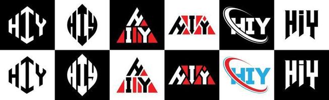 Hiy-Brief-Logo-Design in sechs Stilen. hallo polygon, kreis, dreieck, sechseck, flacher und einfacher stil mit schwarz-weißem buchstabenlogo in einer zeichenfläche. hallo minimalistisches und klassisches logo vektor