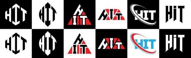 Schlagbuchstaben-Logo-Design in sechs Stilen. Hit Polygon, Kreis, Dreieck, Sechseck, flacher und einfacher Stil mit schwarz-weißem Buchstabenlogo in einer Zeichenfläche. Hit minimalistisches und klassisches Logo vektor