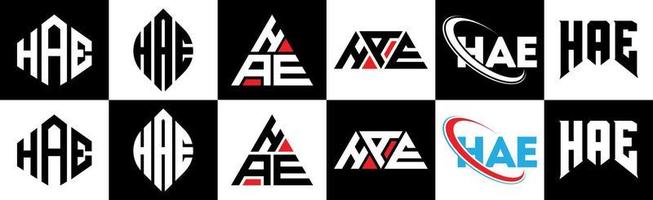 Hae-Buchstaben-Logo-Design in sechs Stilen. Hae-Polygon, Kreis, Dreieck, Sechseck, flacher und einfacher Stil mit schwarz-weißem Buchstabenlogo in einer Zeichenfläche. Hae minimalistisches und klassisches Logo vektor