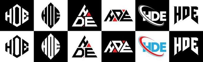 hde-Buchstaben-Logo-Design in sechs Stilen. HD-Polygon, Kreis, Dreieck, Sechseck, flacher und einfacher Stil mit schwarz-weißem Buchstabenlogo in einer Zeichenfläche. hde minimalistisches und klassisches Logo vektor