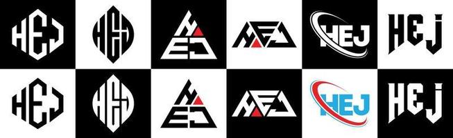 hej-Buchstaben-Logo-Design in sechs Stilen. hej polygon, kreis, dreieck, sechseck, flacher und einfacher stil mit schwarz-weißem buchstabenlogo in einer zeichenfläche. hej minimalistisches und klassisches logo vektor