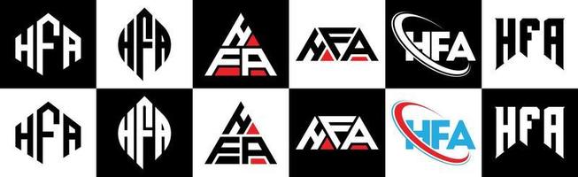 hfa-Buchstaben-Logo-Design in sechs Stilen. hfa polygon, kreis, dreieck, sechseck, flacher und einfacher stil mit schwarz-weißem buchstabenlogo in einer zeichenfläche. hfa minimalistisches und klassisches Logo vektor