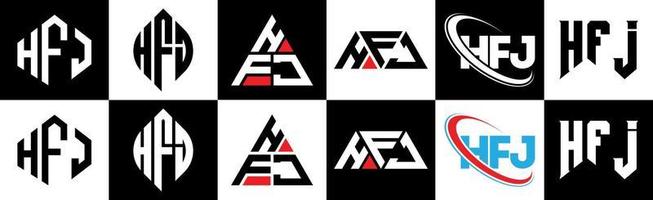 hfj-Buchstaben-Logo-Design in sechs Stilen. hfj Polygon, Kreis, Dreieck, Sechseck, flacher und einfacher Stil mit schwarz-weißem Buchstabenlogo in einer Zeichenfläche. hfj minimalistisches und klassisches Logo vektor