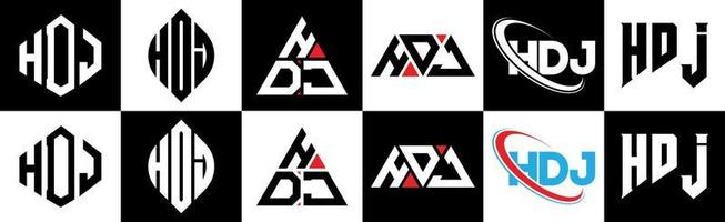 hdj-Buchstaben-Logo-Design in sechs Stilen. hdj polygon, kreis, dreieck, sechseck, flacher und einfacher stil mit schwarz-weißem buchstabenlogo in einer zeichenfläche. hdj minimalistisches und klassisches Logo vektor