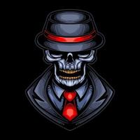 Skull Mafia Gangster Head Vector Illustration Design mit Hut, Umhang und Krawatte