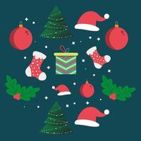 dekorerad hand dragen jul element uppsättning med jul träd gåva låda och vinter- strumpor vektor