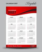 wandtischkalender 2027 vorlage, tischkalender 2027 design, wochenbeginn sonntag, business flyer, satz von 12 monaten, woche beginnt sonntag, organisator, planer, druckmedien, roter wellenhintergrund, vektor