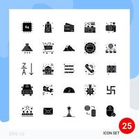 universelle Symbolsymbole Gruppe von 25 modernen soliden Glyphen der Kamera Küche Einkaufsschrank Zahlung editierbare Vektordesign-Elemente vektor