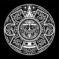 helig aztec hjul kalender mayan Sol Gud, maya symboler etnisk mask, vit tatuering runda ram gräns gammal logotyp ikon vektor illustration isolerat på svart bakgrund