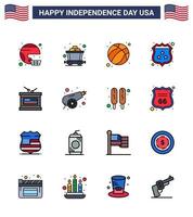 Flach gefüllte Linienpackung mit 16 Symbolen für den Unabhängigkeitstag der USA der Trommelschildschienensicherheit USA editierbare USA-Tag-Vektordesign-Elemente vektor