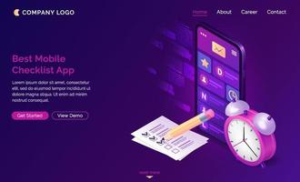 checklista isometrisk landning sida, mobil app. vektor