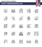 Linienpackung mit 25 Symbolen für den Unabhängigkeitstag der USA für Flasche Wein Tourismus Getränk Einladung editierbare Design-Elemente für den USA-Tag vektor