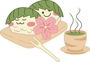 sakura mochi uppsättning. två söt sakura mochi tecken med sakura blomma och kopp av matcha te. klotter tecknad serie vektor illustration.