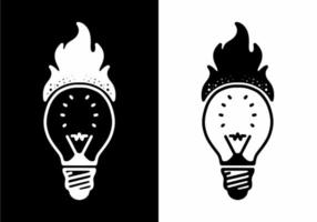Glühbirne mit Feuer Flamme Schwarz-Weiß-Strichzeichnung Mono-Line-Tattoo vektor