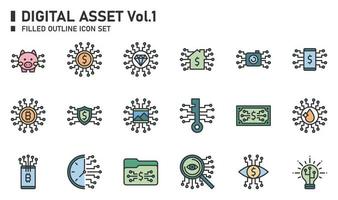 mit digitalen Assets gefüllter Umriss-Icon-Set. vektor