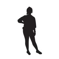Mädchen mit stehender Pose Vektor Icon Silhouette. Teenager-Frauen mit Pferdeschwanz-Frisur mit Model-Pose oder müde von Warte-Pose mit einem Arm auf der Seite des Bauches. einfache Zeichnung isoliert auf weiß.