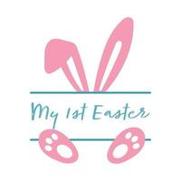 Mein erstes Ostervektordesign mit Hasenohren. Zahl mit Kaninchen. Osterzitat für Baby. Vektor-Illustration Grußkartenvorlage isoliert auf weiss vektor