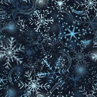 blaues Tarnmuster mit Grunge-Silhouette aus Schneeflocken, Pinselstrichen, runden Halbtonformen. unordentliche zufällige Zusammensetzung vektor