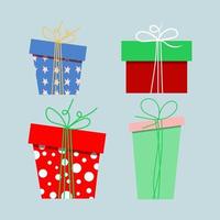 glad jul och Lycklig ny år. röd, blå och grön gåvor lådor. vektor