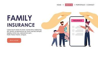 Zielseitenvorlage für Familienversicherungen. versicherung, gesundheitskonzept banner vektor
