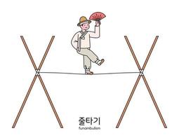 koreanisches traditionelles spiel. eine Person beim Seilwandern, einem traditionellen koreanischen Zirkus. vektor