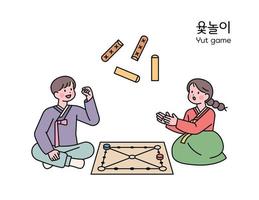 koreanska traditionell spela. två vänner bär hanbok är spelar yutnori, en traditionell styrelse spel. vektor