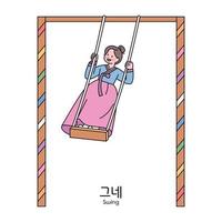 koreanska traditionell spela. en flicka i hanbok är ridning på en traditionell koreanska gunga. vektor