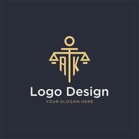 rk första monogram logotyp med skala och pelare stil design vektor