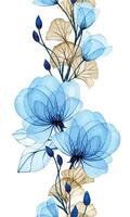 sömlös vattenfärg gräns med transparent reste sig blommor och gingko löv. mild mönster med blå blommor. röntgen vektor