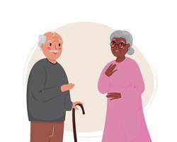 illustration av två gammal par talande till varje Övrig. olika människor. vit och afrikansk kvinna har en konversation. pensionering, åldrande, mångfald begrepp illustration med två äldre människor. vektor