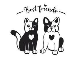 katt och hund tillsammans är bäst vänner. vänskap av två söt tecknad serie sällskapsdjur tecken. par av kontur franska bulldogg och pott med text. svart och vit vektor illustration