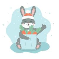 vektor söt svart kanin i santa hatt med morot. tecknad serie illustration av en symbol av kinesisk ny år 2023. kanin med gåva från närvarande låda för glad jul hälsning kort för barn