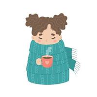 söt liten flicka i en stor stickat scarf dryck te i vinter- säsong. tecknad serie barn dricka varm choklad bär värma kläder. vektor karaktär av en unge med en kopp i kall väder