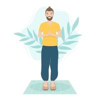 vektor illustration av man stående på sadhu styrelse. manlig yoga öva i andlig utgör och meditera på spikar. trä- skrivbord mental terapi förbi fot övning på pinnar. indisk traditionell meditation