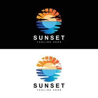 sonnenuntergang strand logo design, meerblick illustration, roter tag urlaubsort vektor