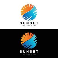 sonnenuntergang strand logo design, meerblick illustration, roter tag urlaubsort vektor