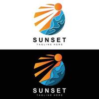 sonnenuntergang strand logo design, meerblick illustration, roter tag urlaubsort vektor