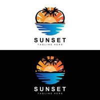 sonnenuntergang strand logo design, meerblick illustration, roter tag urlaubsort vektor