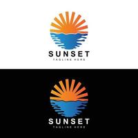 sonnenuntergang strand logo design, meerblick illustration, roter tag urlaubsort vektor