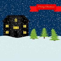 vinter- natt med ensam hus och faller snö och en röd band med de inskrift Lycklig jul. vektor illustration.