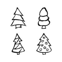 hand dragen jul träd. uppsättning av fyra svartvit skissat illustrationer av granar. vinter- Semester klotter element. vektor illustration