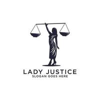 Design-Inspirationen für das Logo der Anwaltskanzlei Lady Justice, starke weibliche Figur, die mit Skalenvektorillustrationen hält vektor