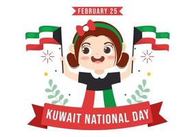 nationaler kuwait-tag am 25. februar mit kindern, die eine flagge und unabhängigkeitsfeier in der flachen hand gezeichneten schablonenillustration der karikatur schwenken vektor