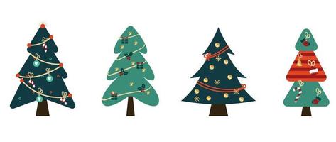 uppsättning av dekorerad jul träd vektor. samling av dekorativ jul träd med krans, glitter, grannlåt, järnek på vit bakgrund. design illustration för dekoration, kort, klistermärke, affisch. vektor