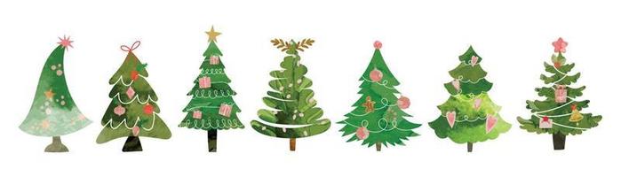 uppsättning av vattenfärg dekorativ jul träd vektor illustration. element av dekorativ bollar, krans, stjärna, presenterar, järnek, tall löv. design för kort, komisk, skriva ut, affisch, baner, dekoration.